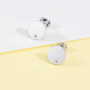 Minimalist stainless steel round flat stud earring base with hole for DIY jewelry making