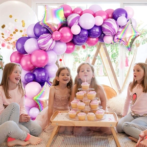 Pink and purple balloon arch kit with marble textures for girls' birthday party decor