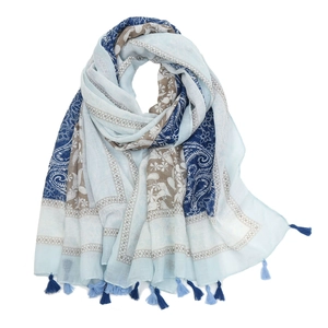 Ethnic paisley print voile scarf with blue tassels for sun protection and fashion styling