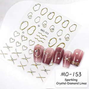 3D gold liquid metal nail stickers with rhinestones and heart patterns, MO-153 set