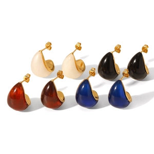 French vintage resin teardrop earrings in cream, black, amber, and navy blue with gold plating