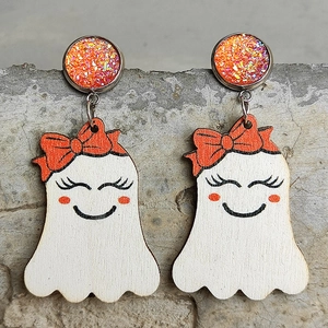 Halloween Geist Kürbis Ohrhänger Holz Edelstahl Ohrstecker Süß Gruselig Party Schmuck Für Damen