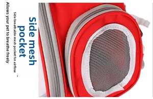 Close-up of red pet carrier side featuring a breathable mesh window with a gray zipper