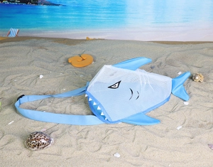 Detailed close-up of blue shark cartoon mesh beach bag with adjustable shoulder strap