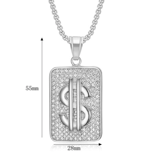 Iced out silver dollar sign pendant necklace with 55mm by 28mm dimensions