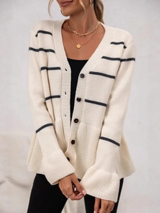 Women's cream knit cardigan with navy stripes, V-neck, buttons and stylish ruffled hems
