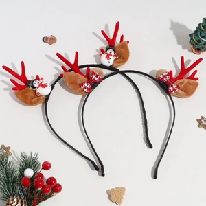 Cute Christmas headband set with plush reindeer antlers and snowman decor for festive party