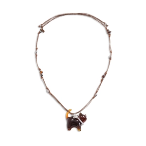 Vintage brown cat necklace with resin tiger eye flower pendant and woven cord strap