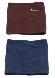 Detail of soft fleece neck gaiters in burgundy and navy blue for outdoor skiing