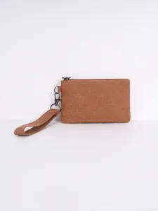 Brown washed canvas mini coin purse with wristlet strap and black metal zipper