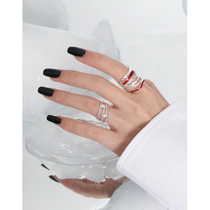 Minimalist S925 sterling silver multilayer rings with red enamel and zircon accents