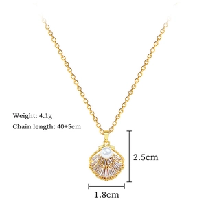 Detail showing shell pendant dimensions 2.5cm by 1.8cm on a gold titanium necklace