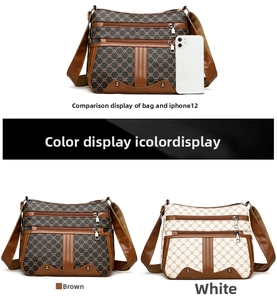 Detailed view of multi-compartment crossbody bag with size comparison to iPhone 12