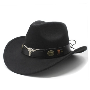 Classic black wool felt western cowboy hat with longhorn skull leather decorative band
