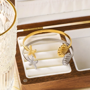Minimalist 18K gold and silver stainless steel starfish and seashell open bangles
