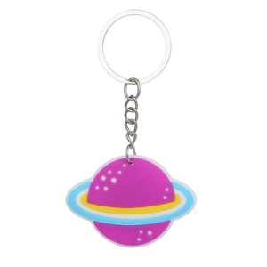Detail of purple rubber planet keychain with yellow ring and metal chain link