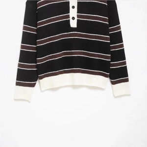 Striped polo collar knit sweater with brown and white stripes and buttoned neck
