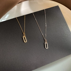 Minimalist S925 sterling silver 14K gold double ring necklace with cubic zirconia pendant