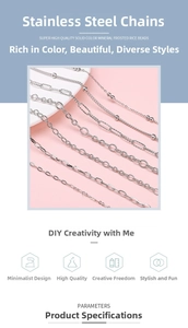 Detailed macro view of six distinct polished stainless steel chain styles for DIY jewelry