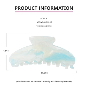 Detailed dimensions of blue marble acrylic hair claw clip with size measurements