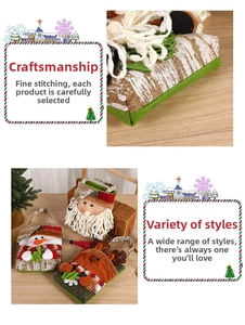 Detail of handmade Christmas gift bags featuring felt snowman and Santa designs