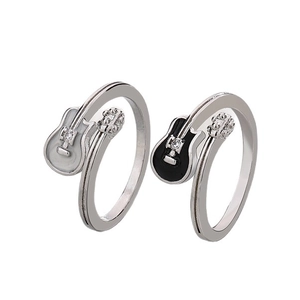 Silver guitar rings with black and white enamel finish and small diamond inlay