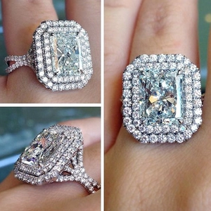 Luxe Radiant Cut Rechthoekige Zirkonia Ring Radiant Halo Koper Verjaardag Bruiloft Statement Sieraden Voor Vrouwen