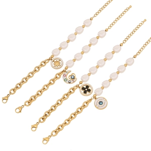 Fashion Stainless Steel Artificial Pearl Bracelet With Evil Eye Moon Star Charm Jewelry For Women Retro Style