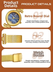 Detail view of gold steel watch with wheat-ear texture strap and mother-of-pearl dial