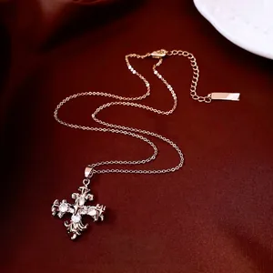 Vintage Cross Pendant Necklace Copper Rose Gold Zircon Inlaid Gothic Baroque Style Luxury Fashion Jewelry Women