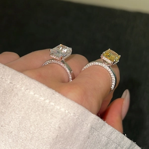 Elegant S925 silver ring with 8x12 ice flower cut zircon and side pavé diamonds