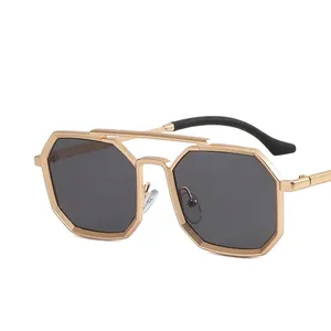 Steampunk octagonal metal sunglasses with gold frame and dark gray lenses for men and women