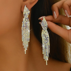 Colorful long tassel rhinestone drop earrings shown on model for party or banquet
