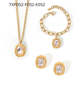 Detail of luxury gold titanium steel set with rectangular crystals on necklace and earrings