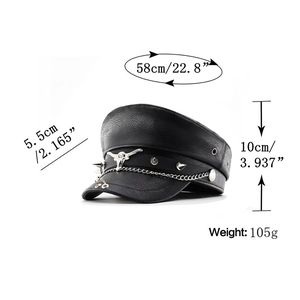 Black PU leather flat top military hat featuring a silver bull head and metal chain detail