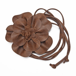 Bohemian style brown PU leather flower waist belt with long wrap ties for women