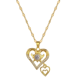 Double layered gold heart pendant necklace with sunburst cubic zirconia and dainty chain