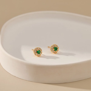 Elegant emerald green zircon studs with gold plating and halo clear crystals
