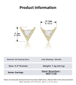 Detail of V-shaped 925 sterling silver earrings with 18K gold plating and pavé cubic zirconia