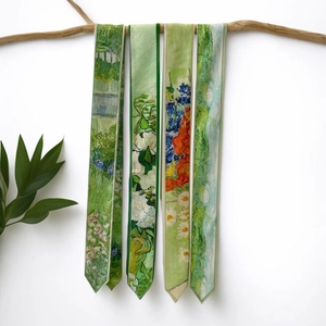 Detailed close-up of Van Gogh style oil painting silk scarves hanging on a wooden branch