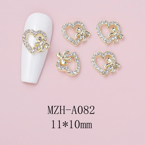 Detailed view of 11x10mm bow nail charm with hollow heart and rhinestone accents
