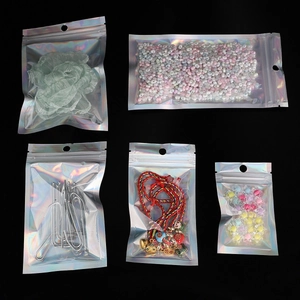 Holographic laser self-sealing bags with hanging holes for DIY jewelry packaging in various sizes