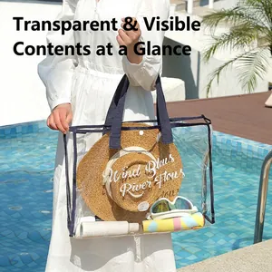 Waterproof transparent PVC tote bag with navy blue handles for swimming and beach use