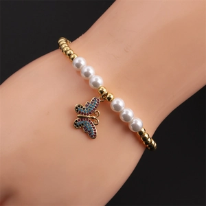 Fashionable butterfly pearl beaded bracelet with colorful zircons and golden beads for women
