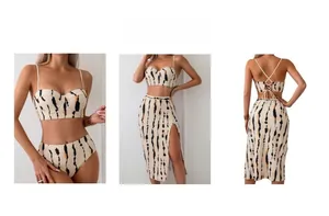 Vue en trois panneaux du bikini imprimé tigre avec dos lacé et jupe fendue sur le côté