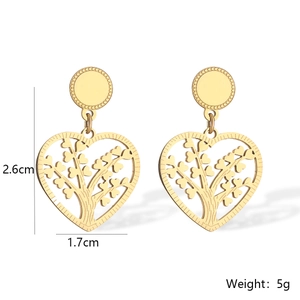 Detailed dimensions of gold heart earrings with cutout tree pattern and 5g weight