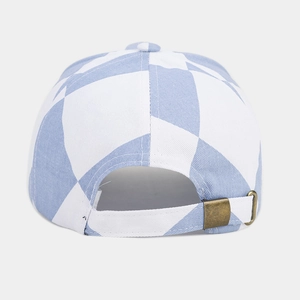 Detail view of the blue and white checkered baseball cap with a metal adjustable buckle