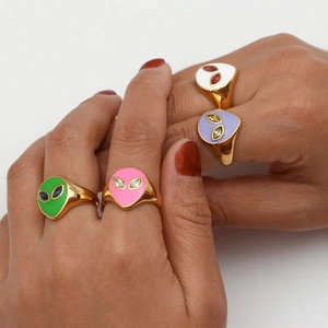 18K gold plated stainless steel rings with colorful enamel alien heads for women