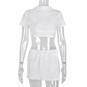 Two-piece white leopard flocked set with short sleeve crop top and bodycon mini skirt