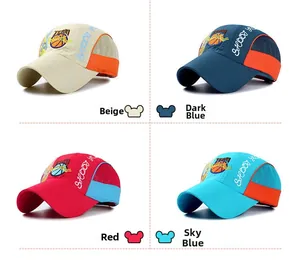 Detail view of mesh baseball caps in four colors with basketball theme embroidery